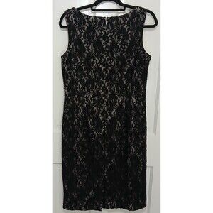 Kasper Black Lace Overlay Sheath Dress Size 10 Sleeveless Nude Lining Pre-Owned